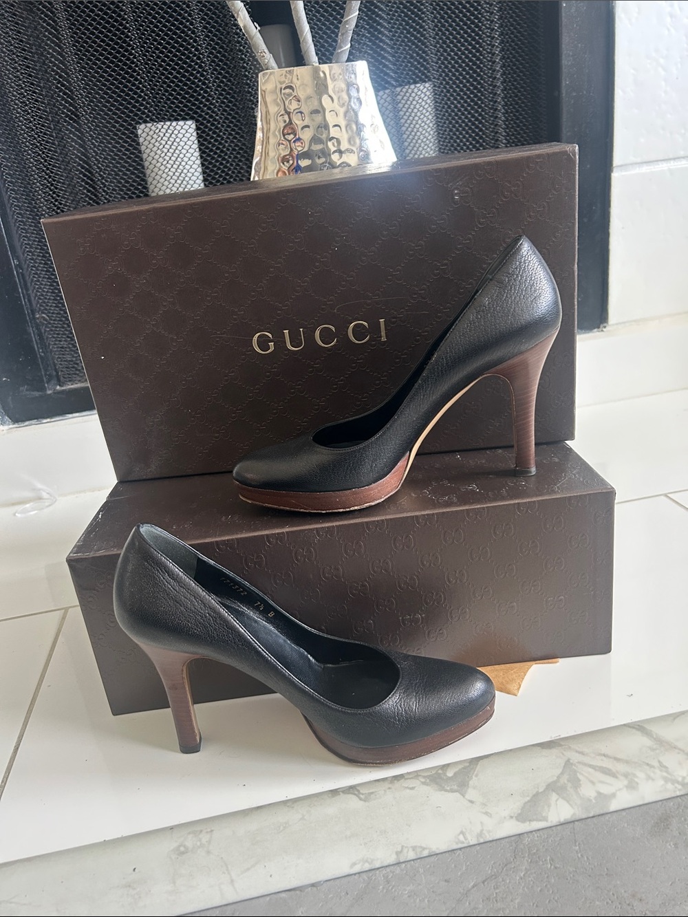Gucci Black Leather Platform Pumps with Brown Stacked Heel